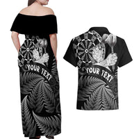 Personalised New Zealand Aotearoa Darts Masters Couples Matching Off Shoulder Maxi Dress and Hawaiian Shirt Silver Fern and Maori Spirit LT03 - Polynesian Pride