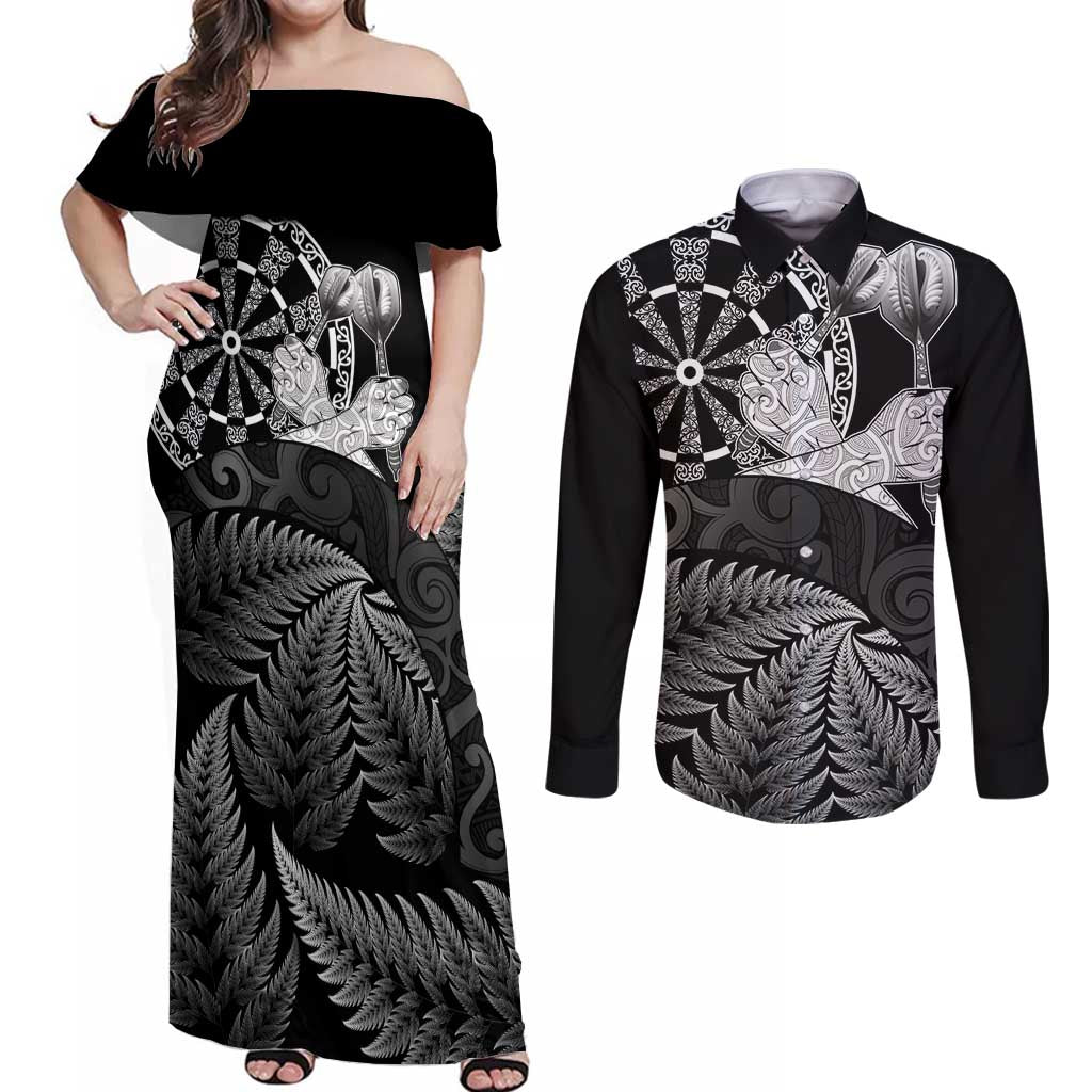 Personalised New Zealand Aotearoa Darts Masters Couples Matching Off Shoulder Maxi Dress and Long Sleeve Button Shirt Silver Fern and Maori Spirit LT03 Black - Polynesian Pride