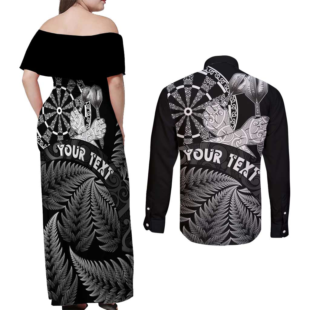 Personalised New Zealand Aotearoa Darts Masters Couples Matching Off Shoulder Maxi Dress and Long Sleeve Button Shirt Silver Fern and Maori Spirit LT03 - Polynesian Pride