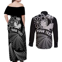 Personalised New Zealand Aotearoa Darts Masters Couples Matching Off Shoulder Maxi Dress and Long Sleeve Button Shirt Silver Fern and Maori Spirit LT03 - Polynesian Pride