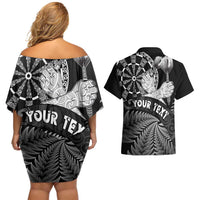 Personalised New Zealand Aotearoa Darts Masters Couples Matching Off Shoulder Short Dress and Hawaiian Shirt Silver Fern and Maori Spirit LT03 - Polynesian Pride