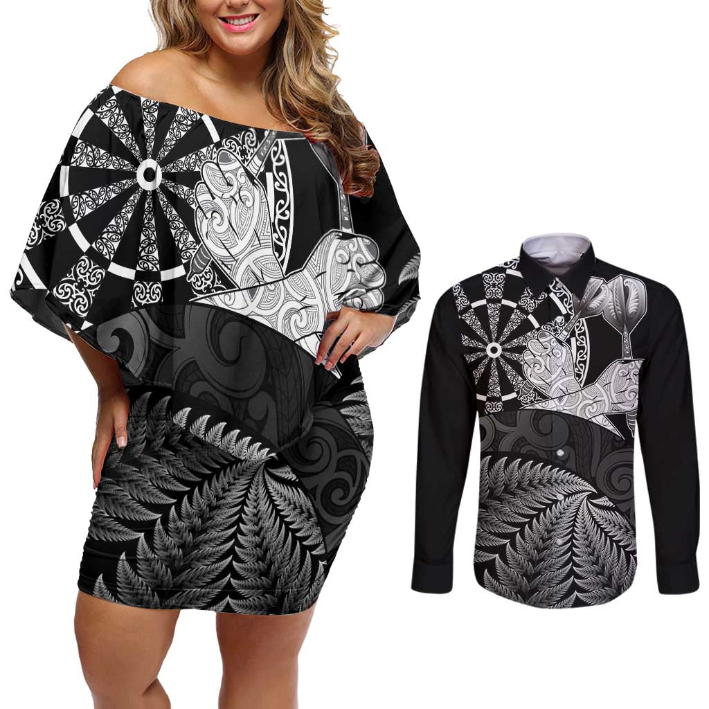 Personalised New Zealand Aotearoa Darts Masters Couples Matching Off Shoulder Short Dress and Long Sleeve Button Shirt Silver Fern and Maori Spirit LT03 Black - Polynesian Pride
