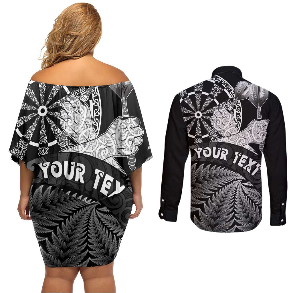 Personalised New Zealand Aotearoa Darts Masters Couples Matching Off Shoulder Short Dress and Long Sleeve Button Shirt Silver Fern and Maori Spirit LT03 - Polynesian Pride