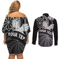 Personalised New Zealand Aotearoa Darts Masters Couples Matching Off Shoulder Short Dress and Long Sleeve Button Shirt Silver Fern and Maori Spirit LT03 - Polynesian Pride