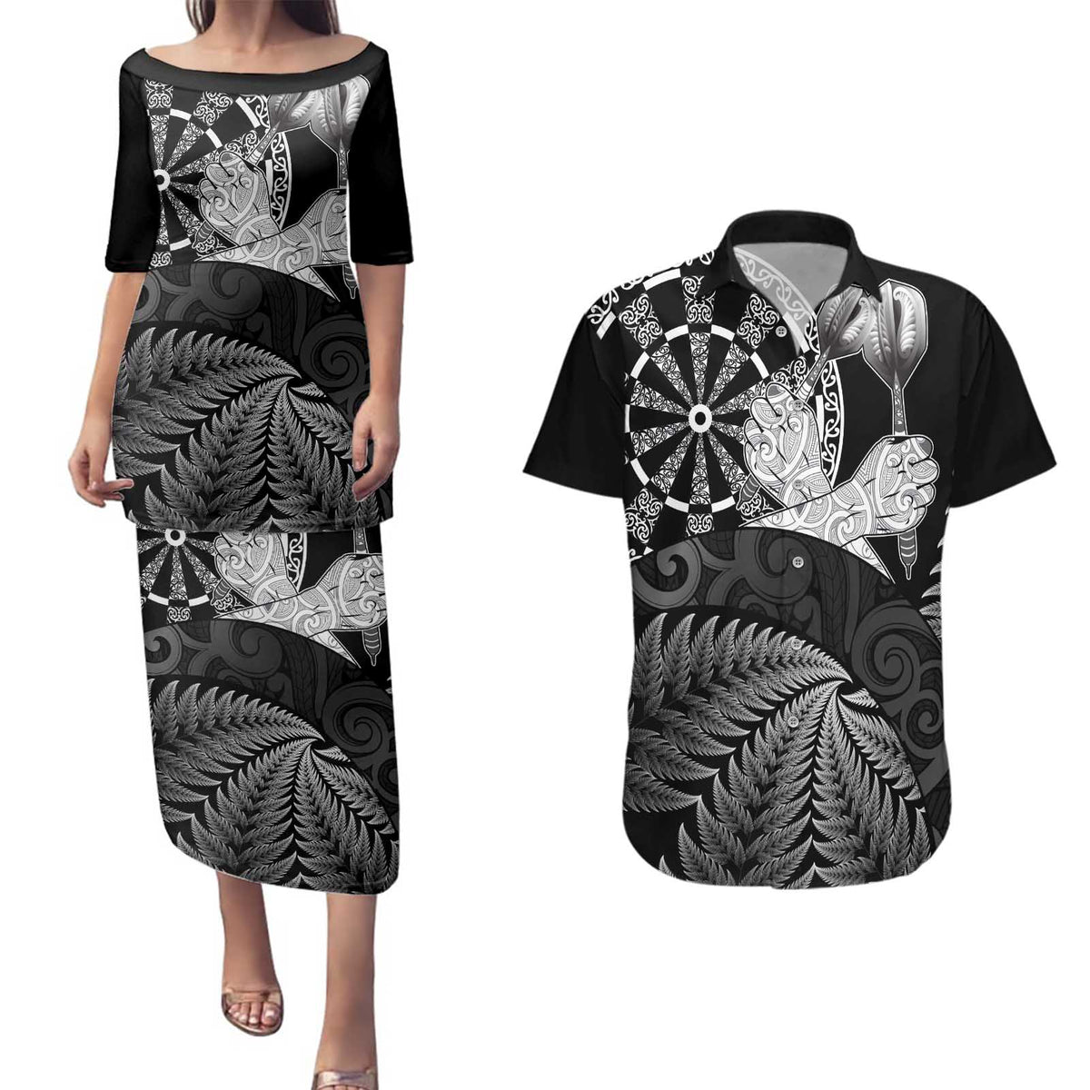 Personalised New Zealand Aotearoa Darts Masters Couples Matching Puletasi and Hawaiian Shirt Silver Fern and Maori Spirit LT03 Black - Polynesian Pride