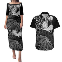 Personalised New Zealand Aotearoa Darts Masters Couples Matching Puletasi and Hawaiian Shirt Silver Fern and Maori Spirit LT03 Black - Polynesian Pride