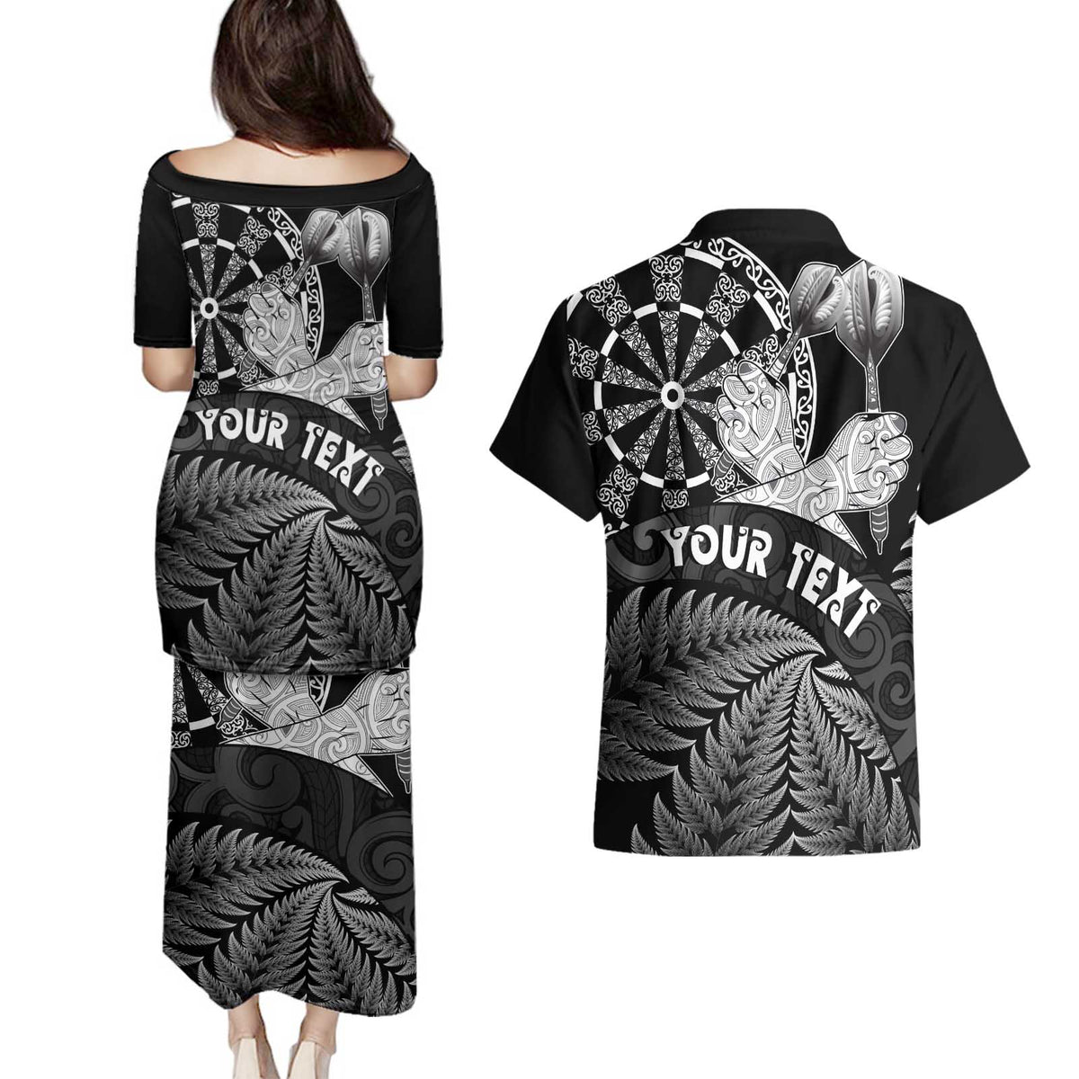 Personalised New Zealand Aotearoa Darts Masters Couples Matching Puletasi and Hawaiian Shirt Silver Fern and Maori Spirit LT03 - Polynesian Pride