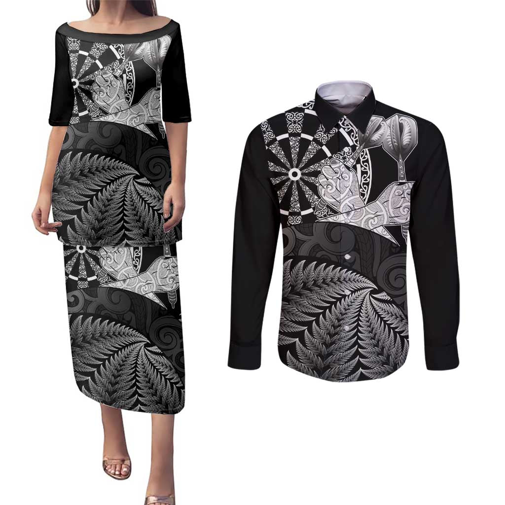 Personalised New Zealand Aotearoa Darts Masters Couples Matching Puletasi and Long Sleeve Button Shirt Silver Fern and Maori Spirit LT03 Black - Polynesian Pride