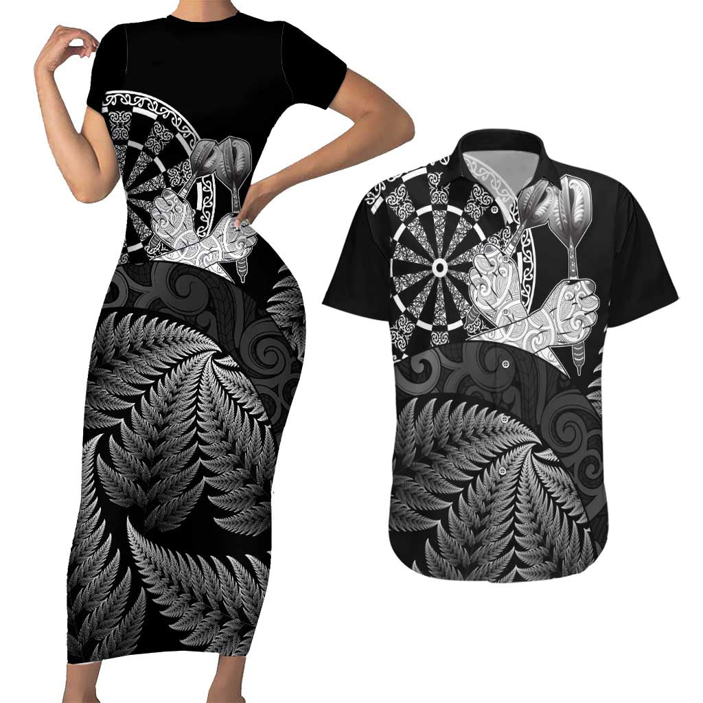 Personalised New Zealand Aotearoa Darts Masters Couples Matching Short Sleeve Bodycon Dress and Hawaiian Shirt Silver Fern and Maori Spirit LT03 Black - Polynesian Pride