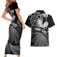 Personalised New Zealand Aotearoa Darts Masters Couples Matching Short Sleeve Bodycon Dress and Hawaiian Shirt Silver Fern and Maori Spirit LT03 - Polynesian Pride