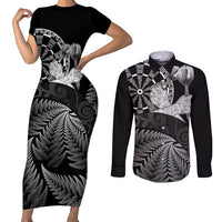 Personalised New Zealand Aotearoa Darts Masters Couples Matching Short Sleeve Bodycon Dress and Long Sleeve Button Shirt Silver Fern and Maori Spirit LT03 Black - Polynesian Pride