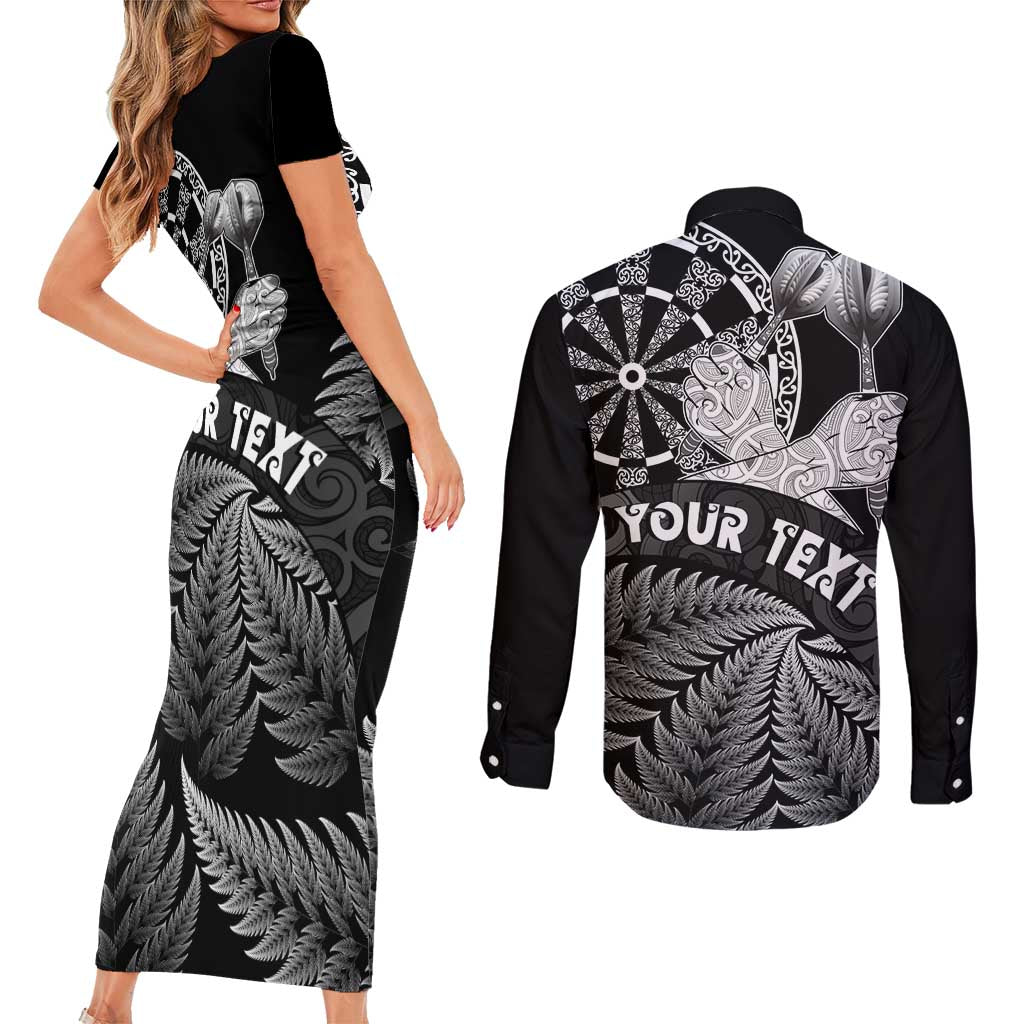 Personalised New Zealand Aotearoa Darts Masters Couples Matching Short Sleeve Bodycon Dress and Long Sleeve Button Shirt Silver Fern and Maori Spirit LT03 - Polynesian Pride