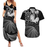 Personalised New Zealand Aotearoa Darts Masters Couples Matching Summer Maxi Dress and Hawaiian Shirt Silver Fern and Maori Spirit LT03 Black - Polynesian Pride