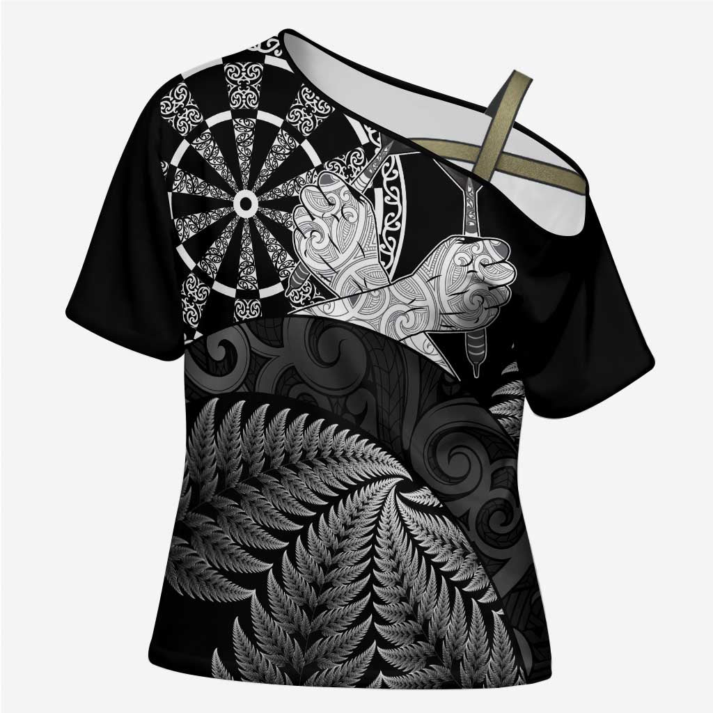 Personalised New Zealand Aotearoa Darts Masters Cross Shoulder Shirt Silver Fern and Maori Spirit LT03 Female Black - Polynesian Pride