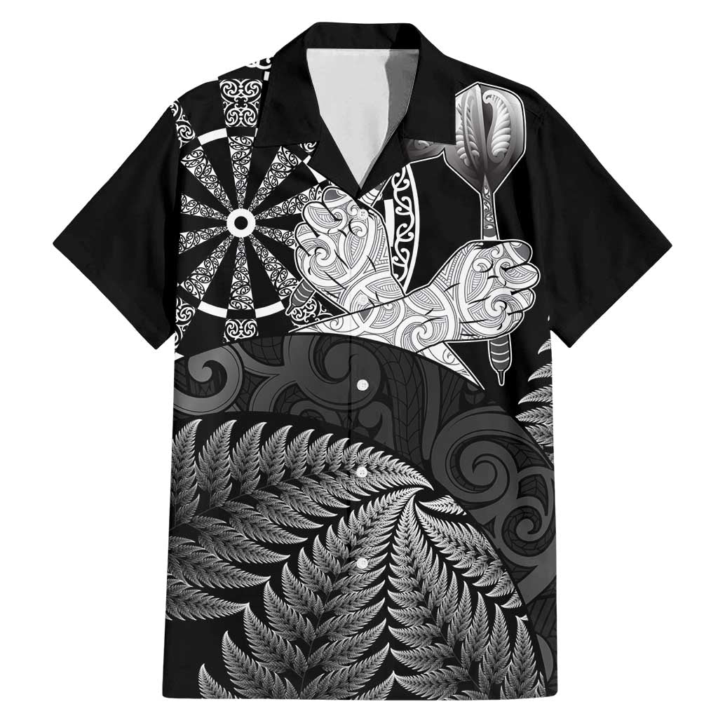 Personalised New Zealand Aotearoa Darts Masters Family Matching Mermaid Dress and Hawaiian Shirt Silver Fern and Maori Spirit LT03 Dad's Shirt - Short Sleeve Black - Polynesian Pride