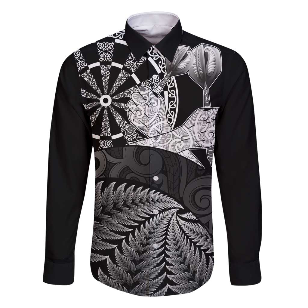 Personalised New Zealand Aotearoa Darts Masters Family Matching Mermaid Dress and Hawaiian Shirt Silver Fern and Maori Spirit LT03 Dad's Shirt - Long Sleeve Black - Polynesian Pride