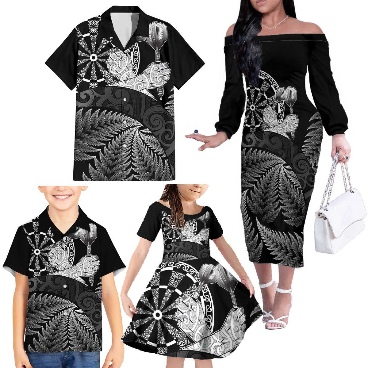 Personalised New Zealand Aotearoa Darts Masters Family Matching Off The Shoulder Long Sleeve Dress and Hawaiian Shirt Silver Fern and Maori Spirit LT03 - Polynesian Pride