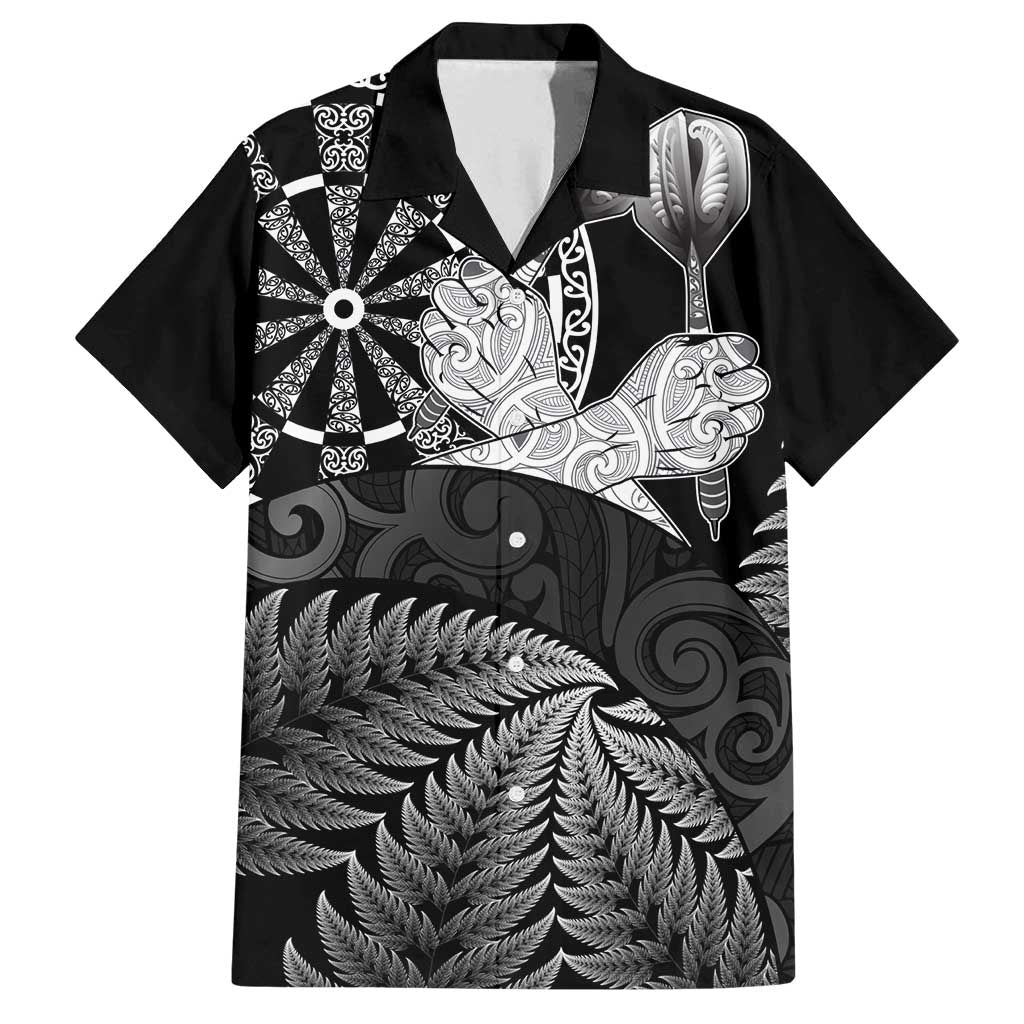 Personalised New Zealand Aotearoa Darts Masters Family Matching Off Shoulder Maxi Dress and Hawaiian Shirt Silver Fern and Maori Spirit LT03 Dad's Shirt - Short Sleeve Black - Polynesian Pride