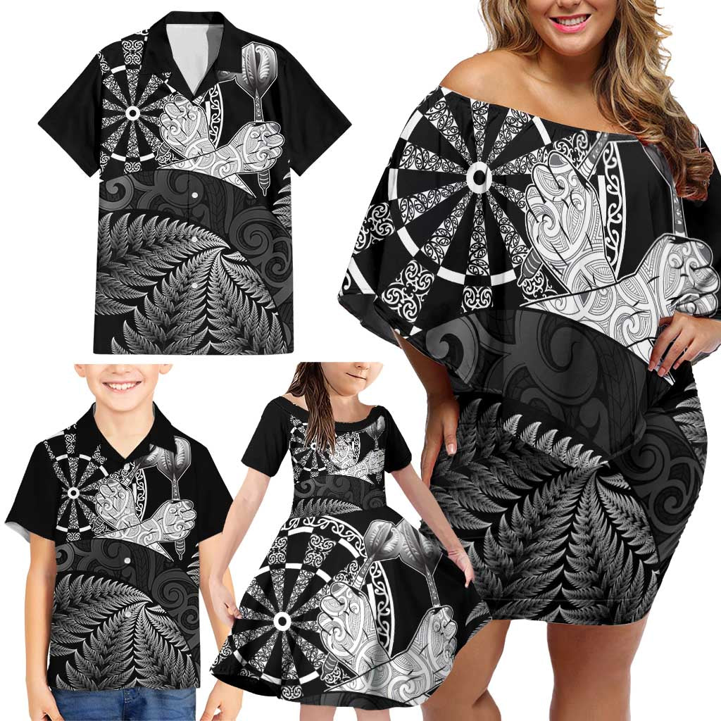 Personalised New Zealand Aotearoa Darts Masters Family Matching Off Shoulder Short Dress and Hawaiian Shirt Silver Fern and Maori Spirit LT03 - Polynesian Pride