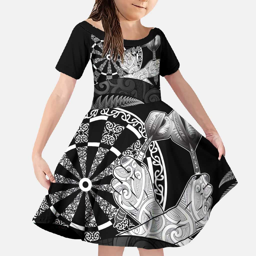 Personalised New Zealand Aotearoa Darts Masters Family Matching Summer Maxi Dress and Hawaiian Shirt Silver Fern and Maori Spirit LT03 Daughter's Dress Black - Polynesian Pride