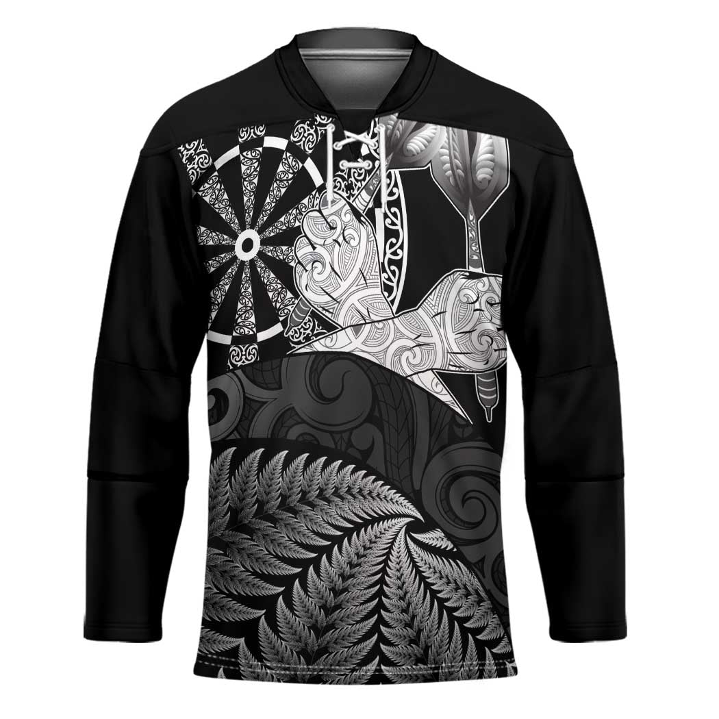 Personalised New Zealand Aotearoa Darts Masters Hockey Jersey Silver Fern and Maori Spirit LT03 Unisex Black - Polynesian Pride