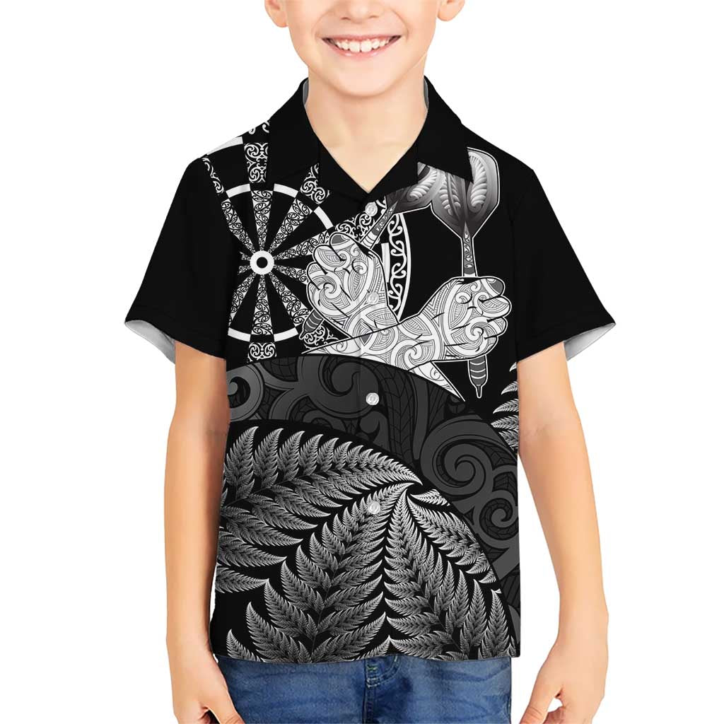 Personalised New Zealand Aotearoa Darts Masters Kid Hawaiian Shirt Silver Fern and Maori Spirit LT03 Kid Black - Polynesian Pride