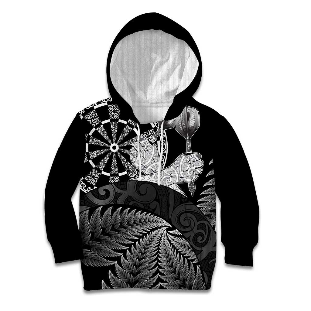 Personalised New Zealand Aotearoa Darts Masters Kid Hoodie Silver Fern and Maori Spirit LT03 Hoodie Black - Polynesian Pride