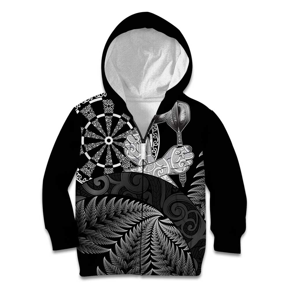 Personalised New Zealand Aotearoa Darts Masters Kid Hoodie Silver Fern and Maori Spirit LT03 Zip Hoodie Black - Polynesian Pride