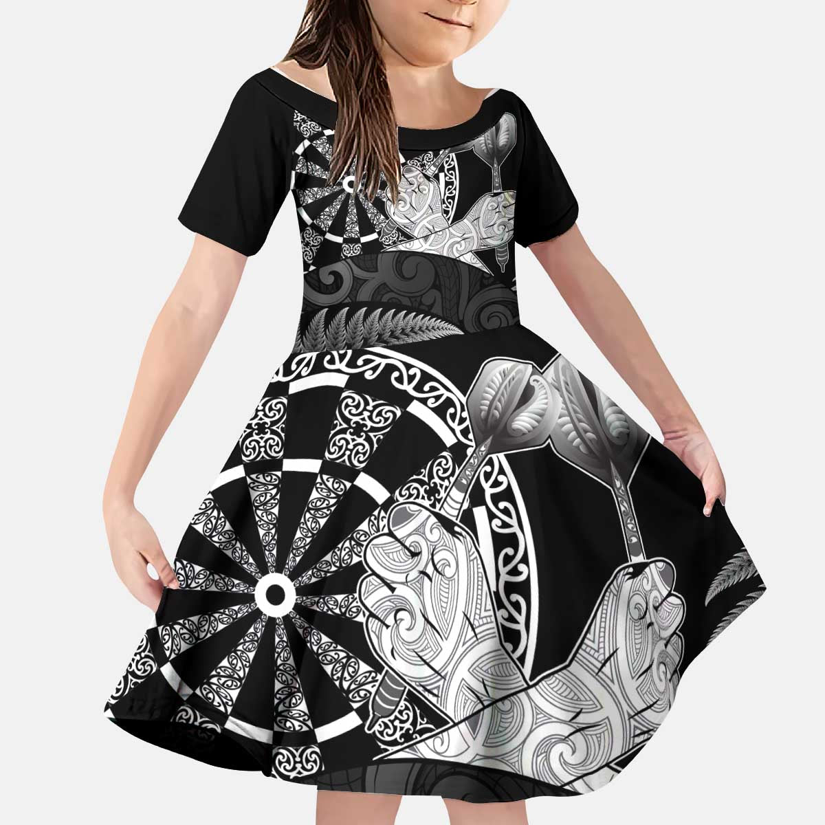 Personalised New Zealand Aotearoa Darts Masters Kid Short Sleeve Dress Silver Fern and Maori Spirit LT03 KID Black - Polynesian Pride