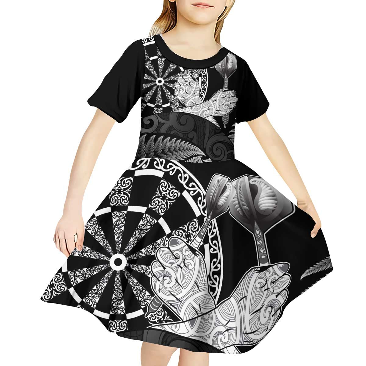 Personalised New Zealand Aotearoa Darts Masters Kid Short Sleeve Dress Silver Fern and Maori Spirit LT03 - Polynesian Pride