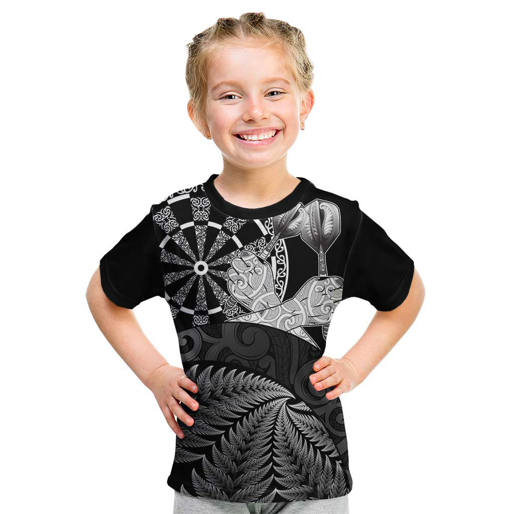 Personalised New Zealand Aotearoa Darts Masters Kid T Shirt Silver Fern and Maori Spirit LT03 Black - Polynesian Pride