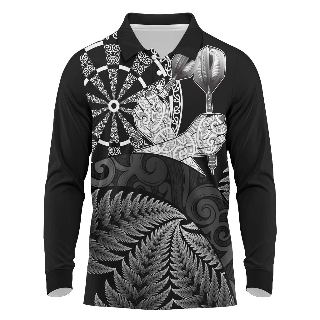 Personalised New Zealand Aotearoa Darts Masters Long Sleeve Polo Shirt Silver Fern and Maori Spirit LT03 Black - Polynesian Pride