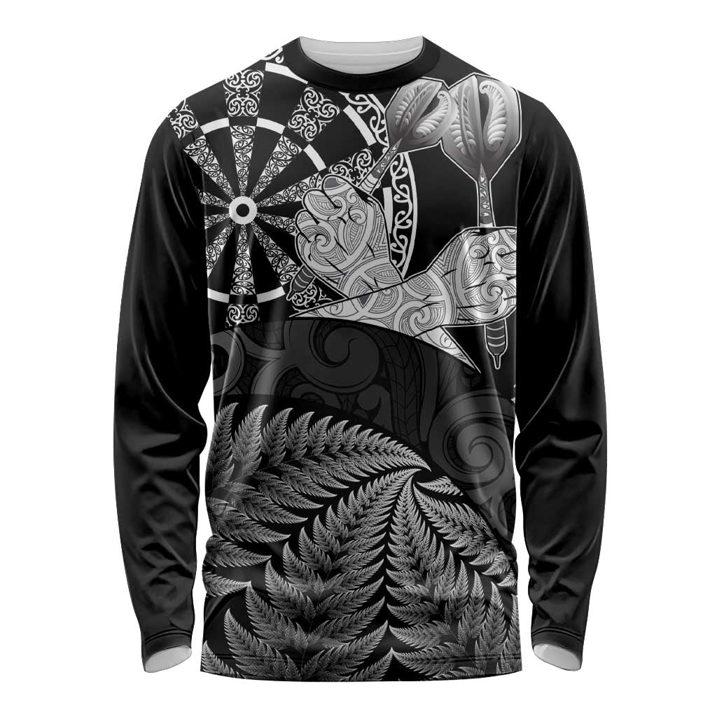 Personalised New Zealand Aotearoa Darts Masters Long Sleeve Shirt Silver Fern and Maori Spirit LT03 Unisex Black - Polynesian Pride