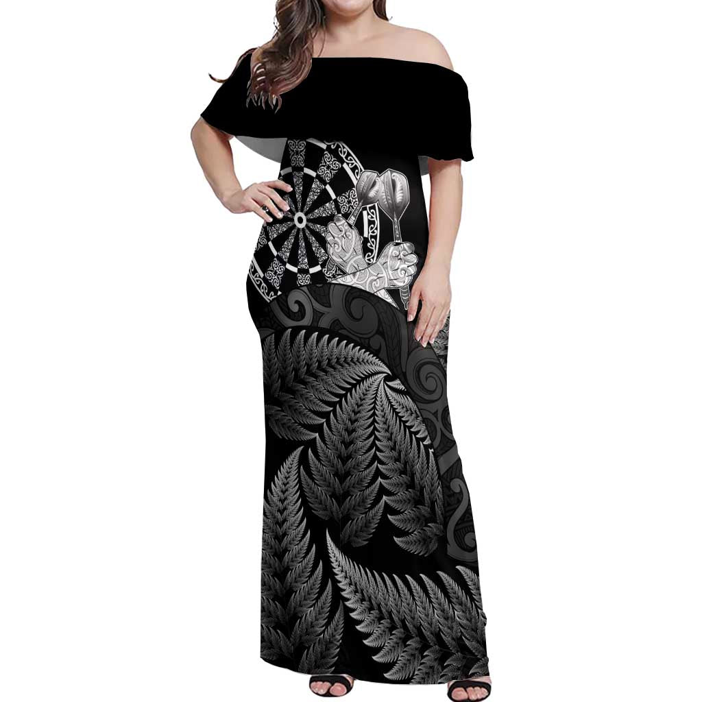 Personalised New Zealand Aotearoa Darts Masters Off Shoulder Maxi Dress Silver Fern and Maori Spirit LT03 Women Black - Polynesian Pride