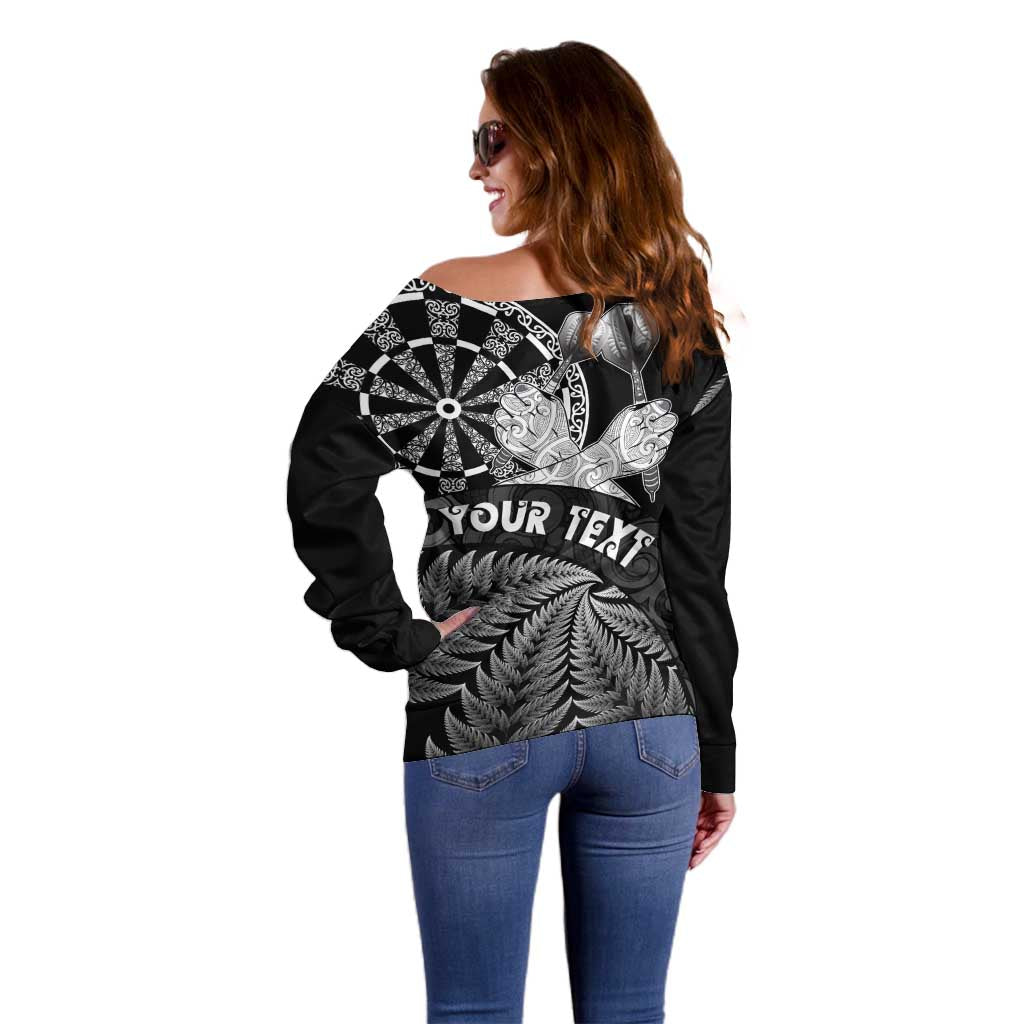 Personalised New Zealand Aotearoa Darts Masters Off Shoulder Sweater Silver Fern and Maori Spirit - Polynesian Pride