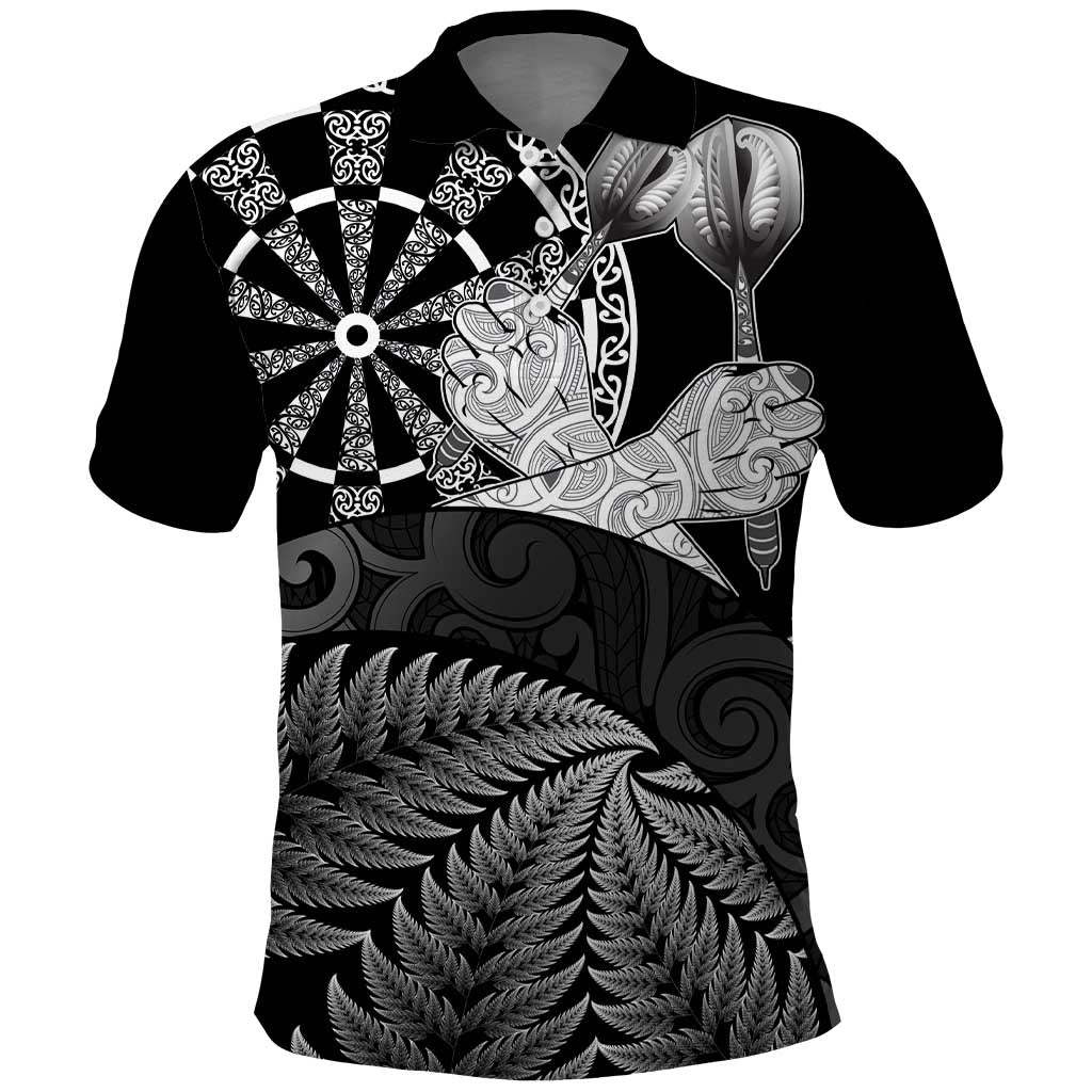 Personalised New Zealand Aotearoa Darts Masters Polo Shirt Silver Fern and Maori Spirit LT03 Black - Polynesian Pride