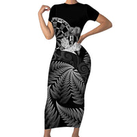 Personalised New Zealand Aotearoa Darts Masters Short Sleeve Bodycon Dress Silver Fern and Maori Spirit LT03 Long Dress Black - Polynesian Pride