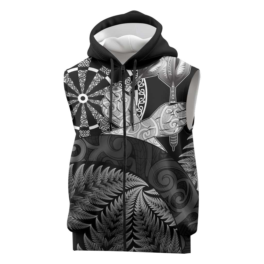 Personalised New Zealand Aotearoa Darts Masters Sleeveless Zip Hoodie Silver Fern and Maori Spirit LT03 Black - Polynesian Pride