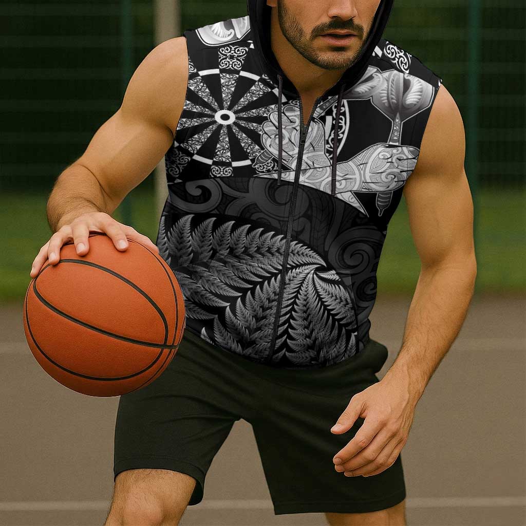 Personalised New Zealand Aotearoa Darts Masters Sleeveless Zip Hoodie Silver Fern and Maori Spirit LT03 - Polynesian Pride