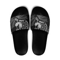 Personalised New Zealand Aotearoa Darts Masters Slide Sandals Silver Fern and Maori Spirit LT03 Black - Polynesian Pride