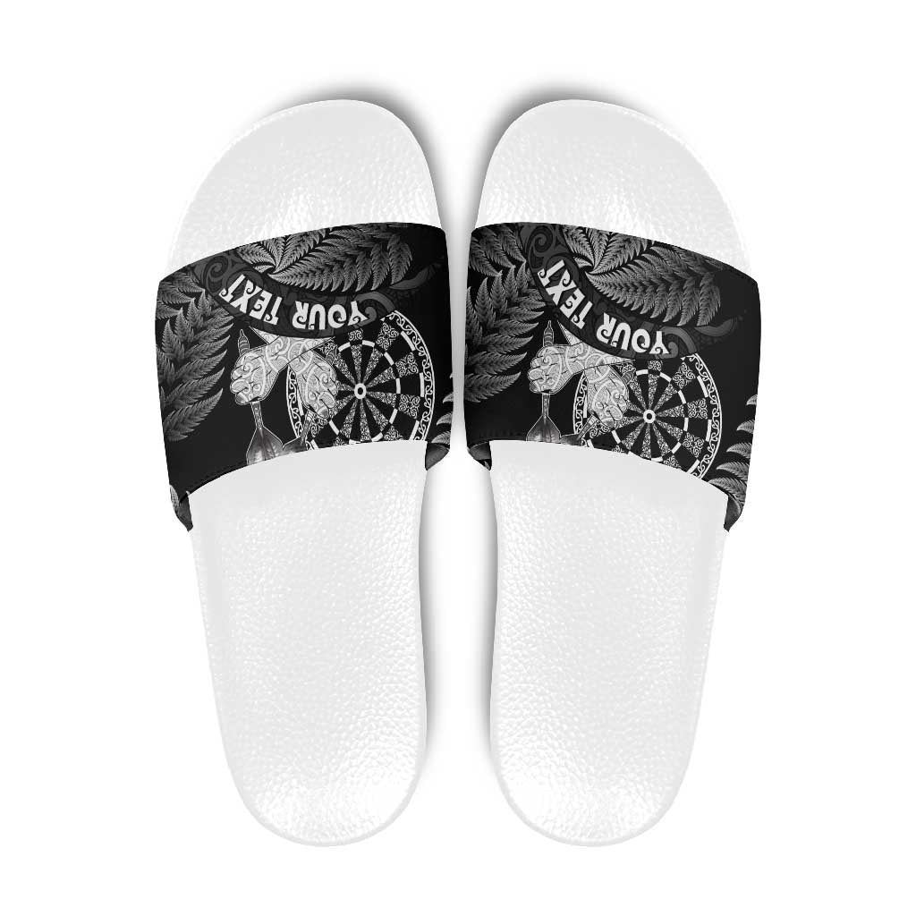 Personalised New Zealand Aotearoa Darts Masters Slide Sandals Silver Fern and Maori Spirit LT03 Black - Polynesian Pride