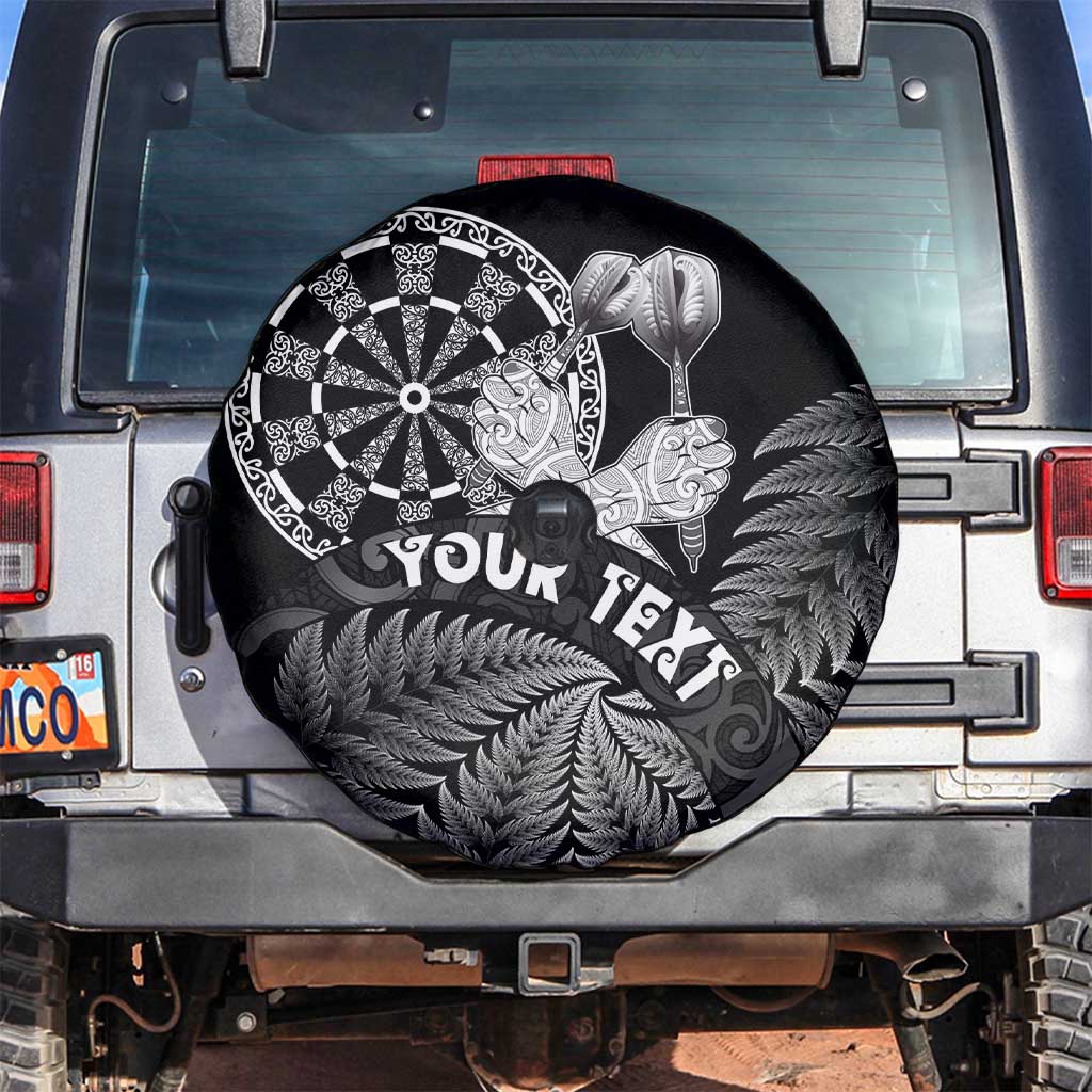 Personalised New Zealand Aotearoa Darts Masters Spare Tire Cover Silver Fern and Maori Spirit LT03 Black - Polynesian Pride