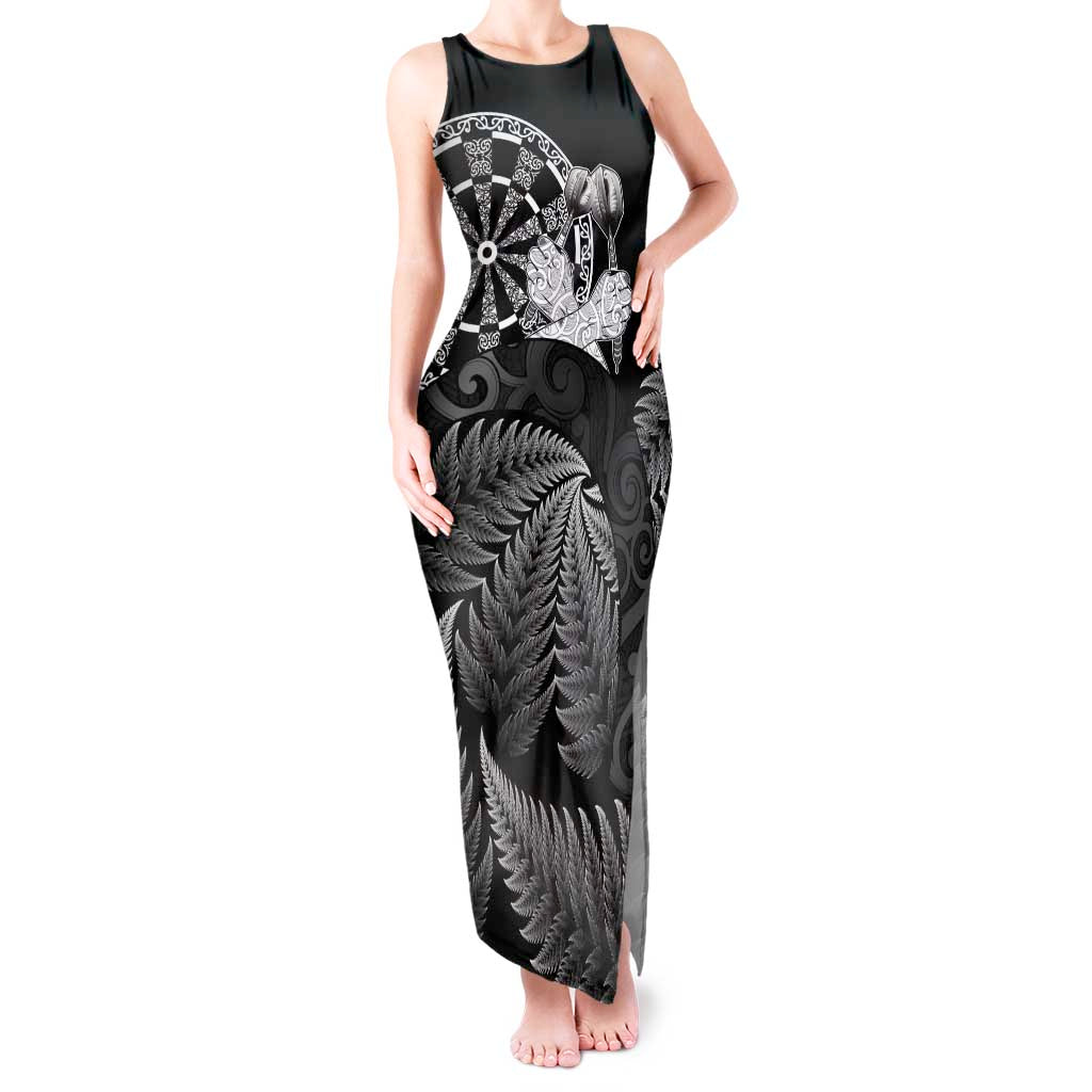 Personalised New Zealand Aotearoa Darts Masters Tank Maxi Dress Silver Fern and Maori Spirit LT03 Women Black - Polynesian Pride