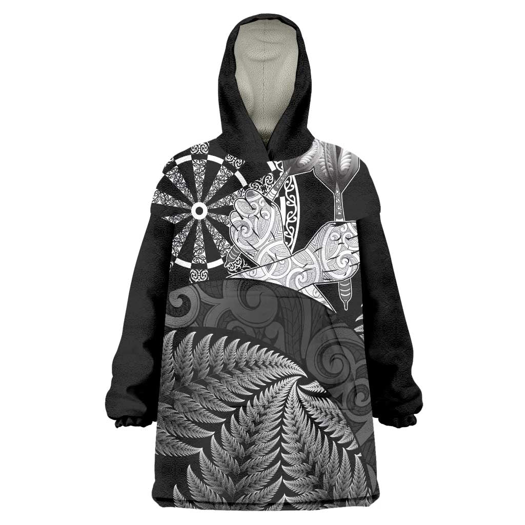 Personalised New Zealand Aotearoa Darts Masters Wearable Blanket Hoodie Silver Fern and Maori Spirit LT03 One Size Black - Polynesian Pride