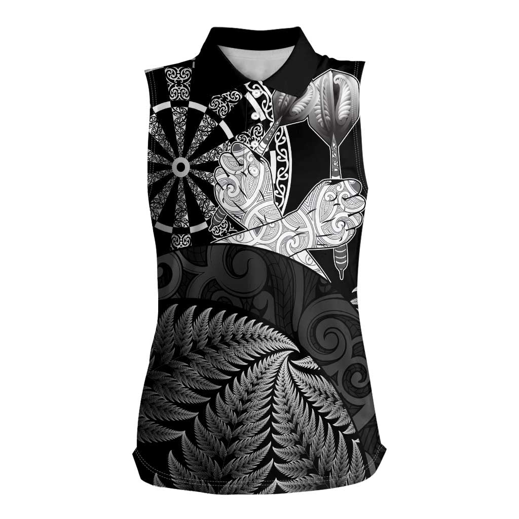Personalised New Zealand Aotearoa Darts Masters Women Sleeveless Polo Shirt Silver Fern and Maori Spirit LT03 Female Black - Polynesian Pride