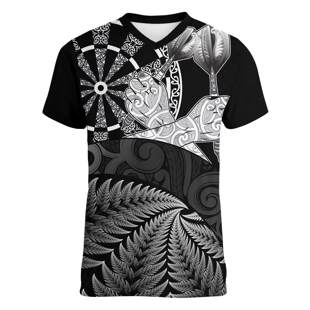 Personalised New Zealand Aotearoa Darts Masters Women V-Neck T-Shirt Silver Fern and Maori Spirit LT03 Female Black - Polynesian Pride