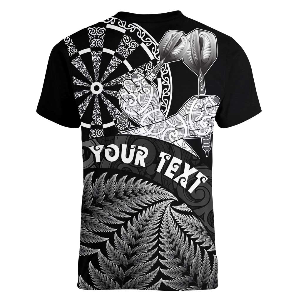 Personalised New Zealand Aotearoa Darts Masters Women V-Neck T-Shirt Silver Fern and Maori Spirit LT03 - Polynesian Pride