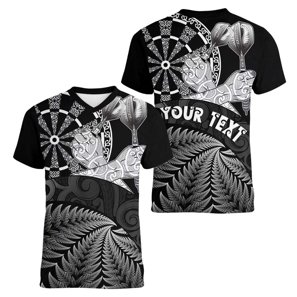 Personalised New Zealand Aotearoa Darts Masters Women V-Neck T-Shirt Silver Fern and Maori Spirit LT03 - Polynesian Pride