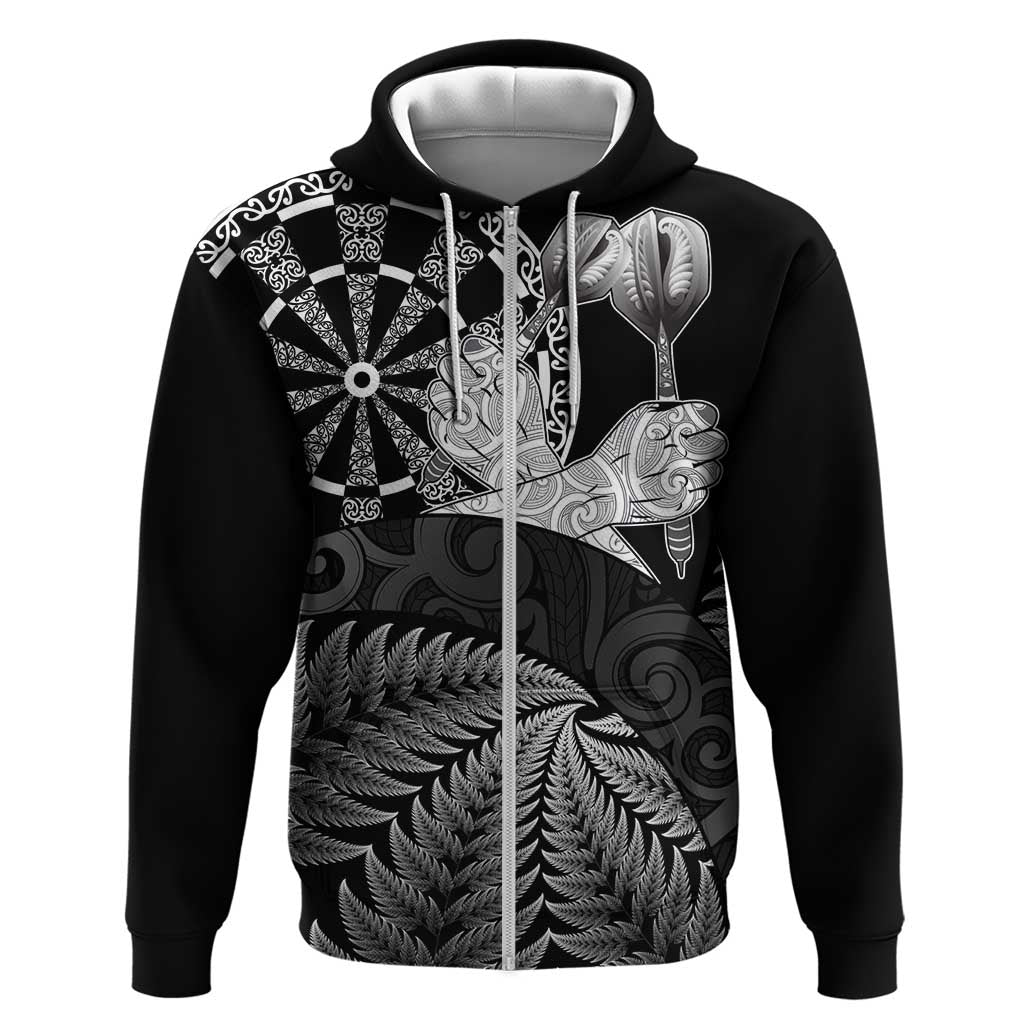 Personalised New Zealand Aotearoa Darts Masters Zip Hoodie Silver Fern and Maori Spirit LT03 Zip Hoodie Black - Polynesian Pride