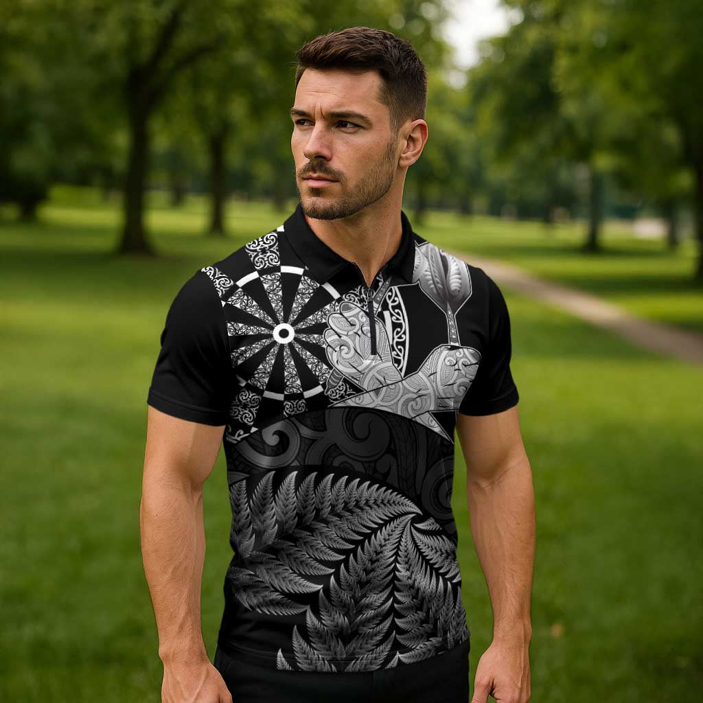 Personalised New Zealand Aotearoa Darts Masters Zipper Polo Shirt Silver Fern and Maori Spirit LT03 - Polynesian Pride
